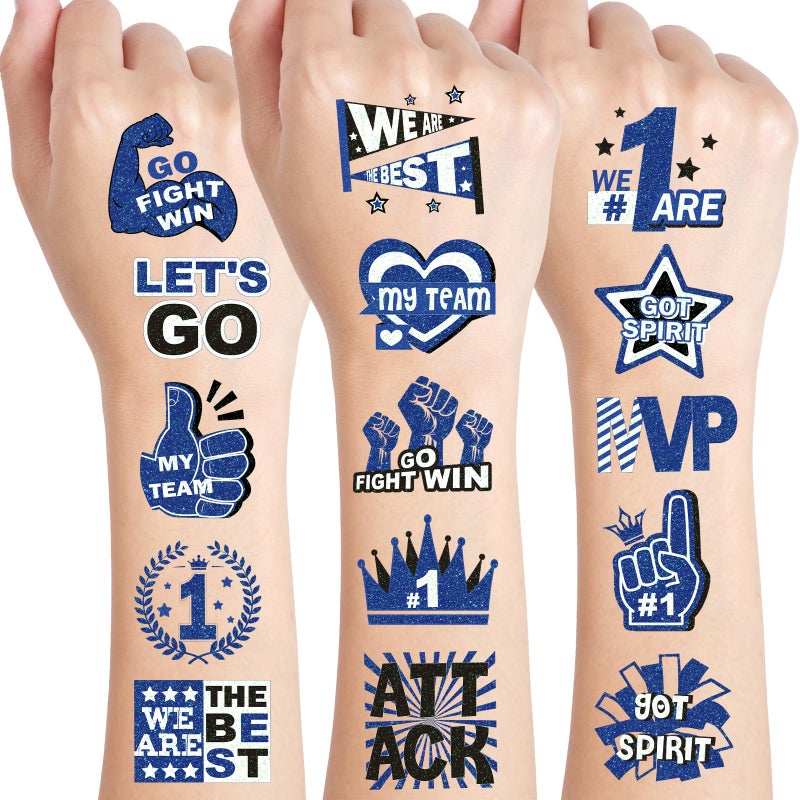 Qpout 160 Pcs Glitter Team Spirit Temporary Tattoos School Team Cheer Face Stickers Cheerleading Party Supplies and Sports Games Decoration(BLUE) - Image 3
